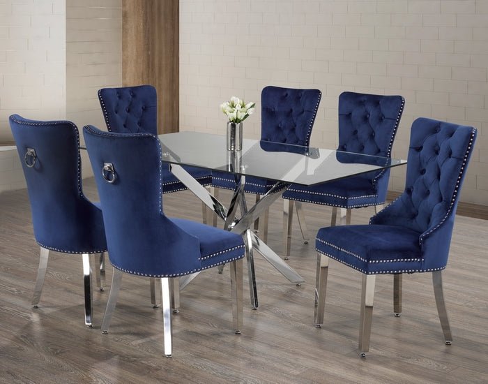 IFDCTempered Glass 7pc Dining Set with blue chairs T - 1448 C - 1262