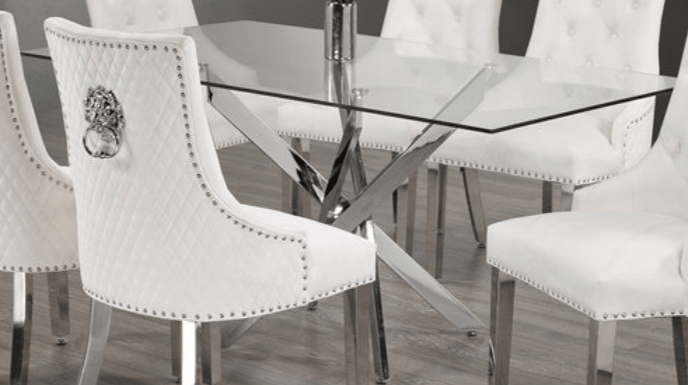 IFDCTempered Glass 7pc Dining Set with cream chairs T-1448 C-1253