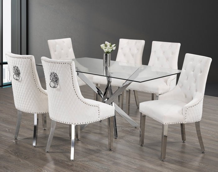 IFDCTempered Glass 7pc Dining Set with cream chairs T - 1448 C - 1253
