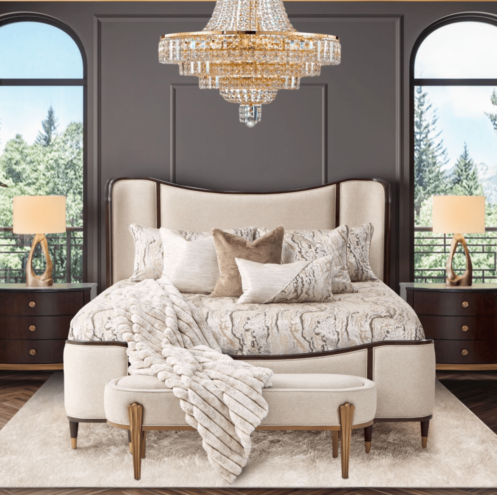 Michael Aminicamellia field pecan Warm Pecan Camellia Field King Upholstered Bed 3pc Warm Pecan