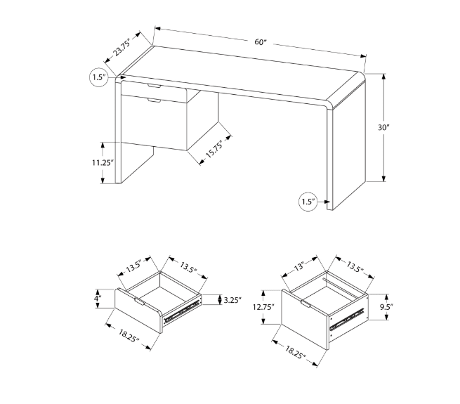 MonarchI 7581 COMPUTER DESK - 60"L / HIGH GLOSSY WHITE L/R FACE DRAWER