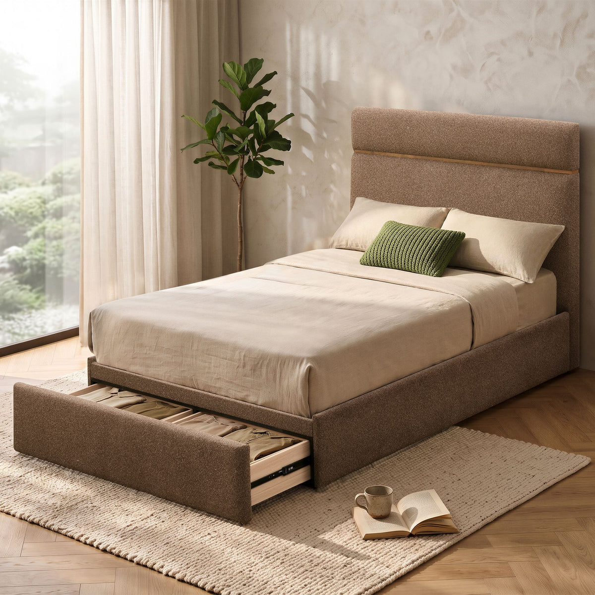 WorldwideAniza Platform Bed with Drawer in Brown
